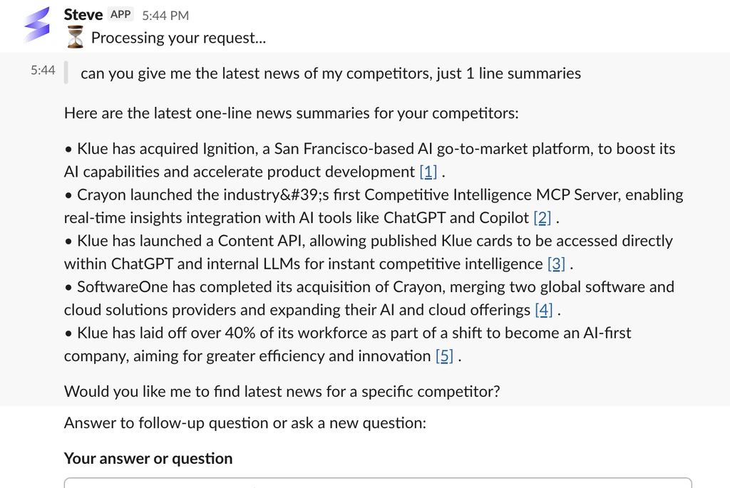 Steve responding to an /insights command in Slack with one-line competitor news summaries