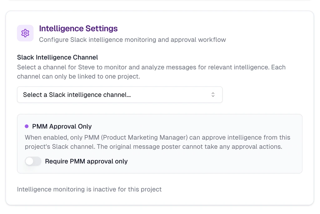 Intelligence Settings showing a Slack intelligence channel selector and PMM approval only toggle